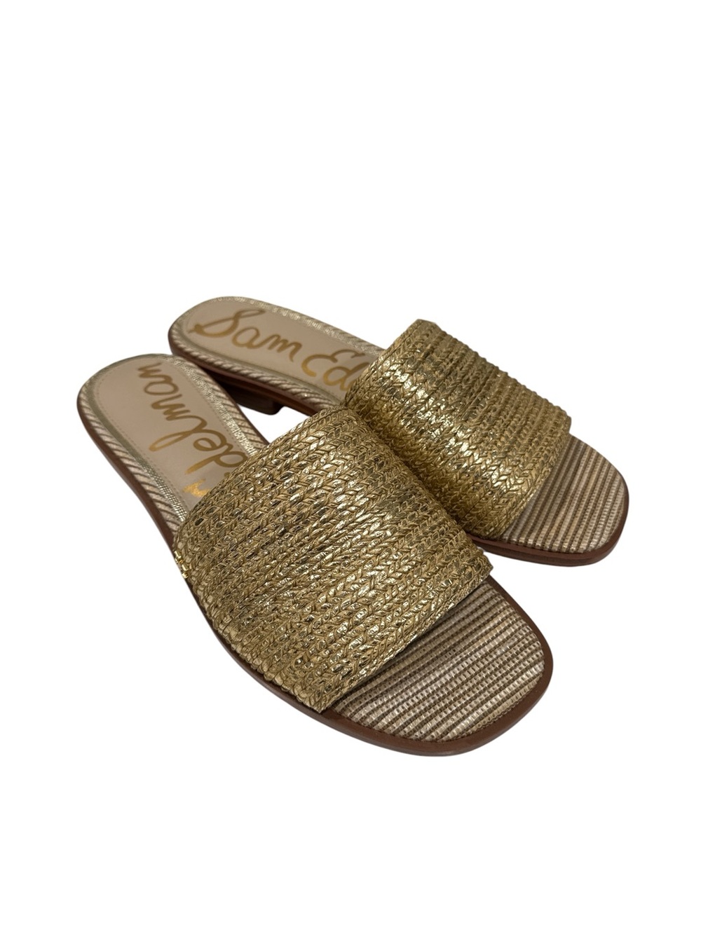 Sam Edelman Sabrina Gold Woven Raffia Slide Sandals